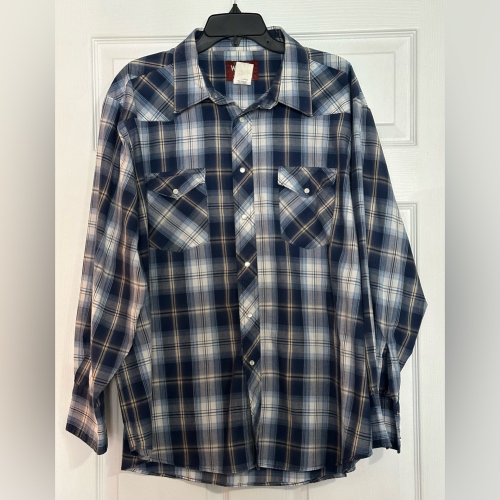 Wrangler‎ Mens Western Shirt Long Sleeve Pearl Snap Blue Plaid-Size 2XL